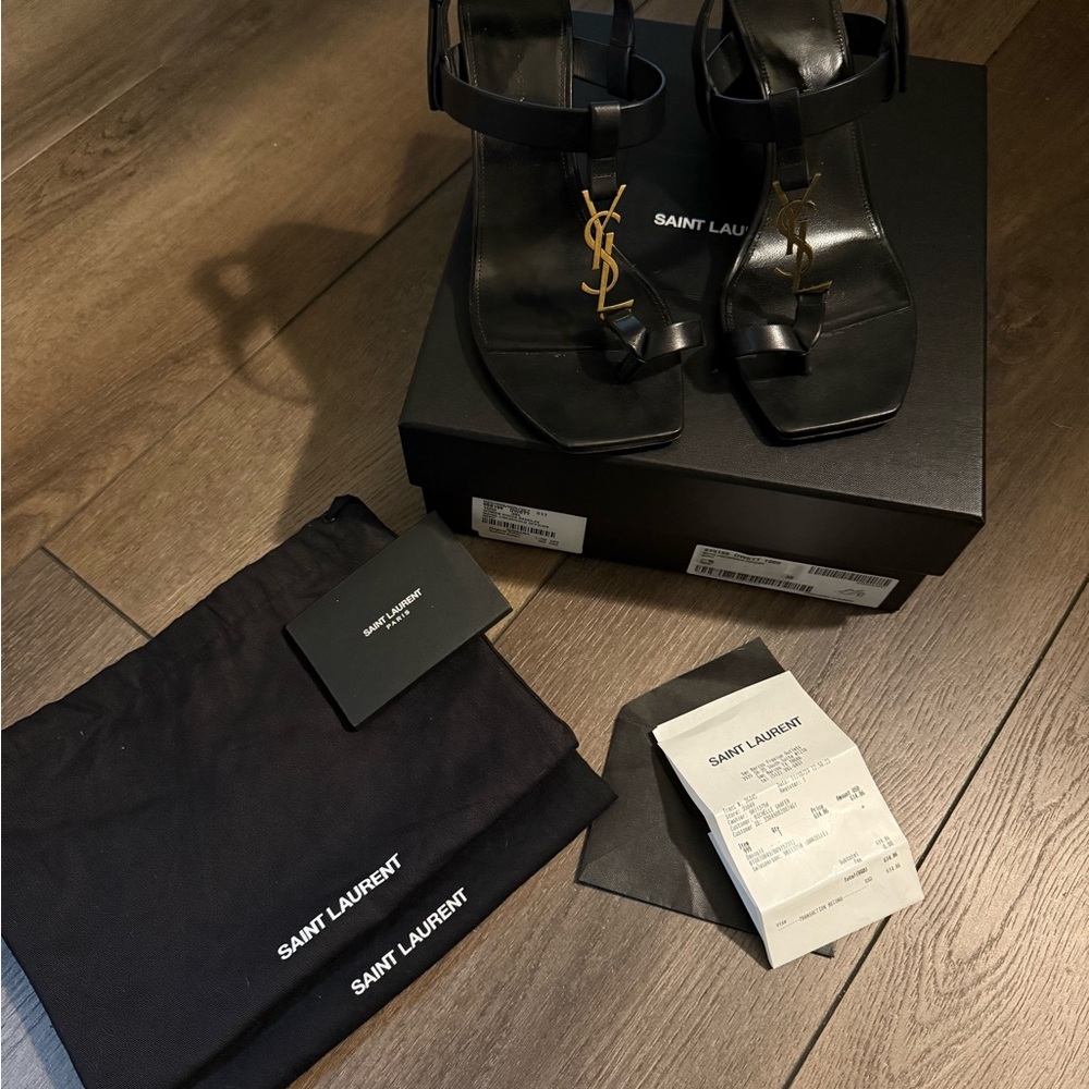 Saint Laurent Black Leather CASSANDRA 75 SANDAL - Picture 2 of 4